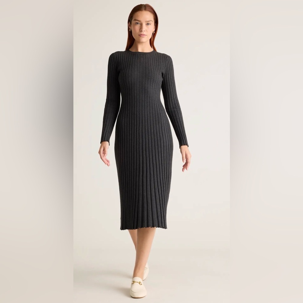 Quince Ribbed Cotton Cashmere Long Sleeve Midi Dress - grey